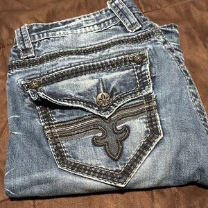 Rock Revival Blue Jeans with Embroidered Pockets, Seams